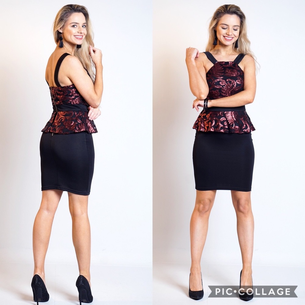 Wine Sequin Peplum Dress